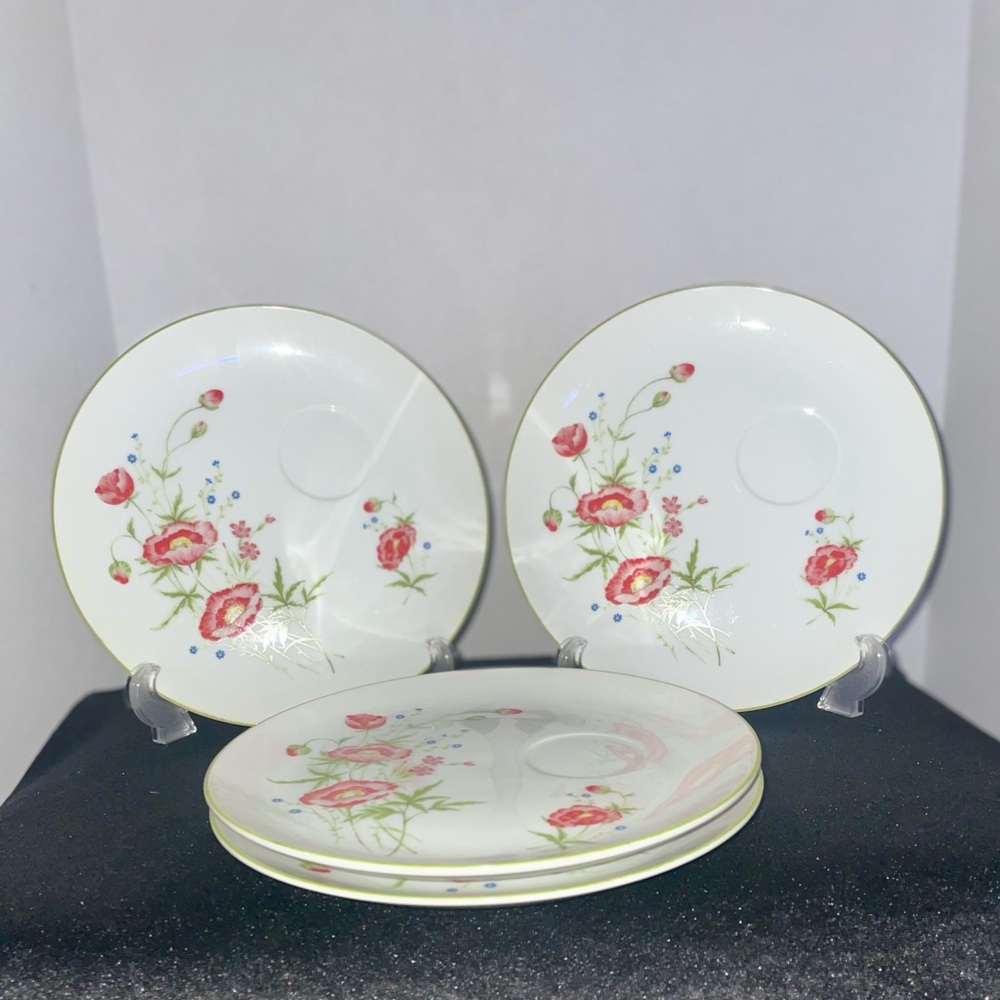 Sandwich Plates w/ Teacup Set 4x Floral Transferware White Red Green Blue Japan
